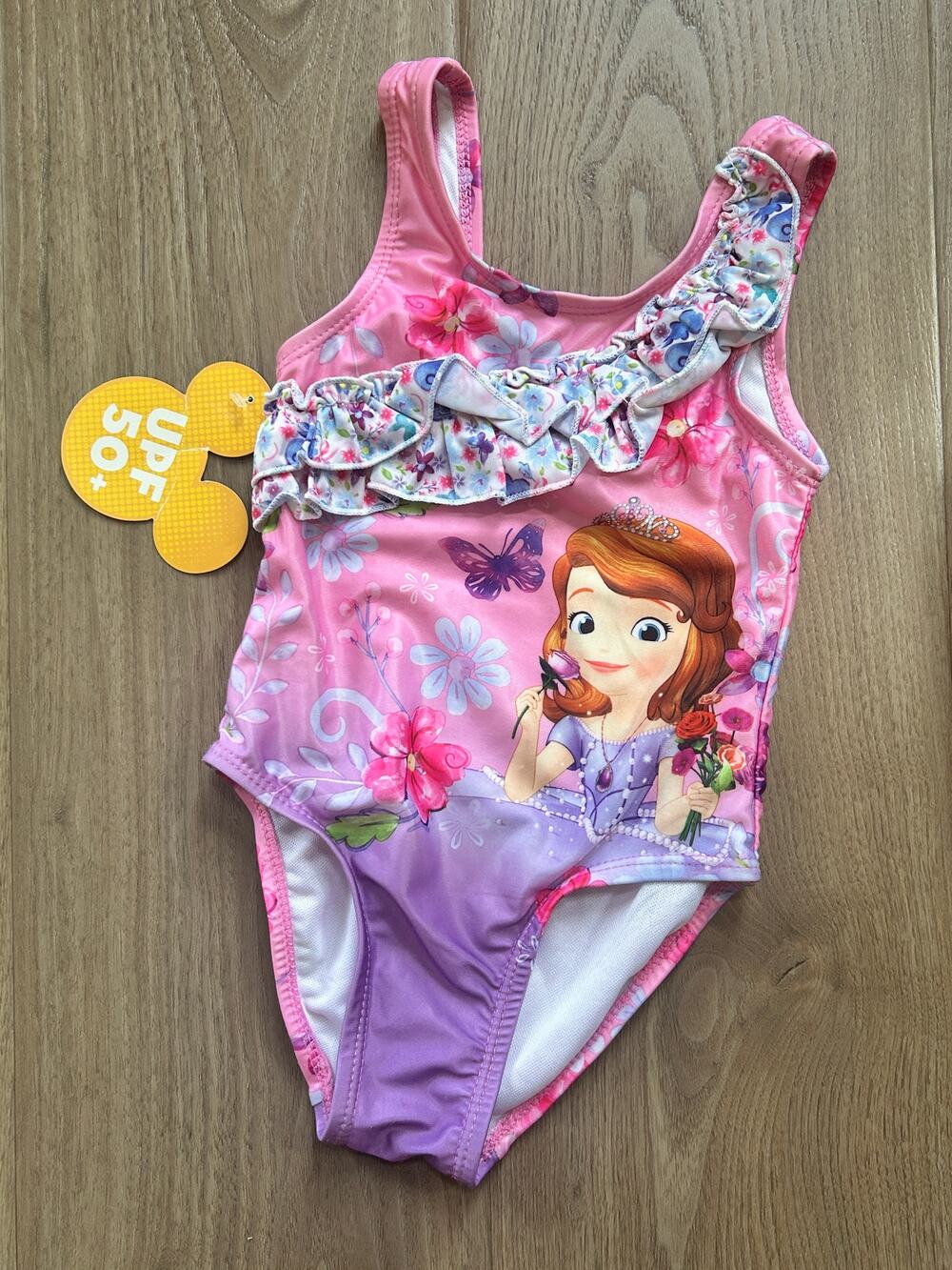 Disney Sofia the First One Piece Ruffle Swimsuit, SPF 50, Size 2T